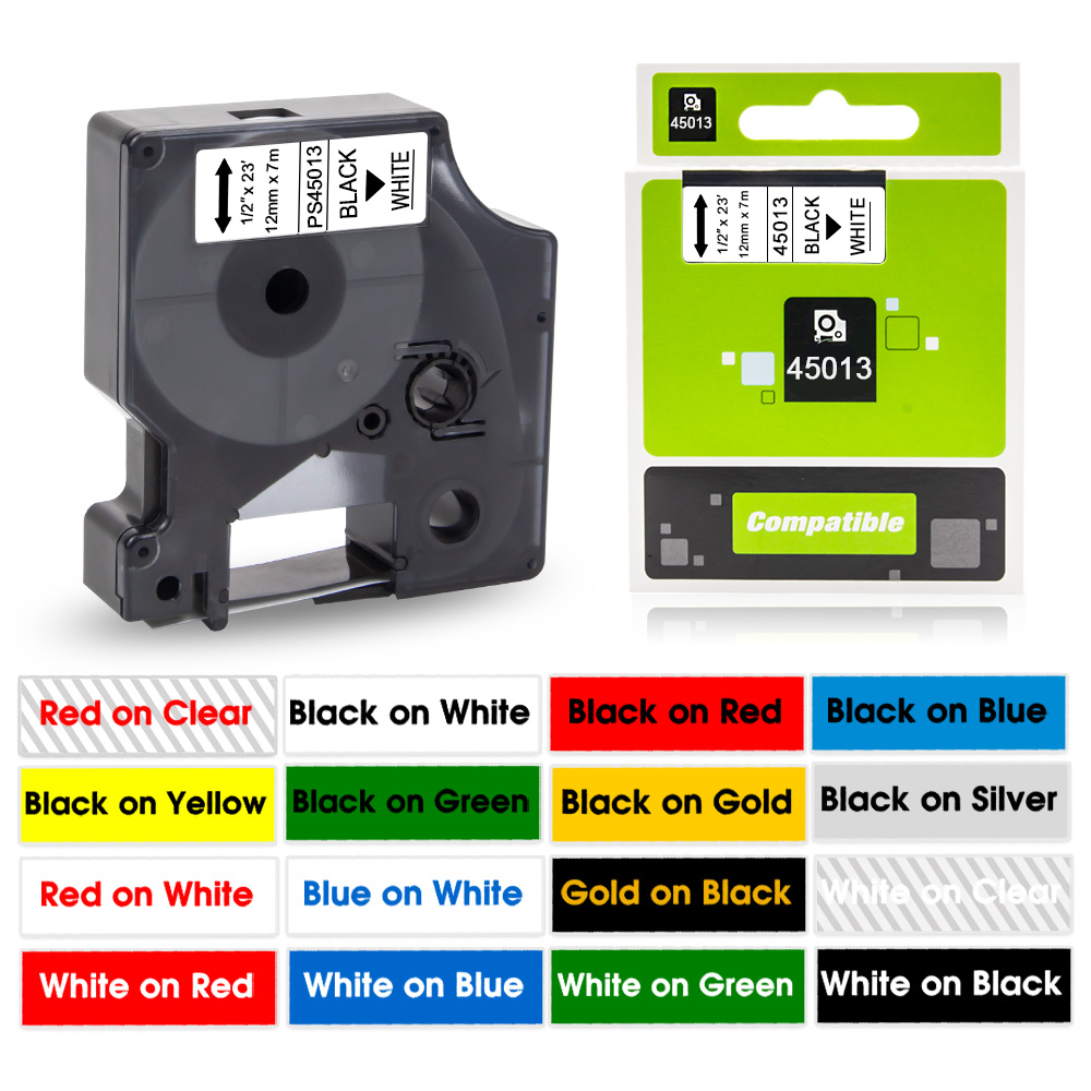 Label Printer Tape - 45013 Labeltape Zwart op Wit Voor
